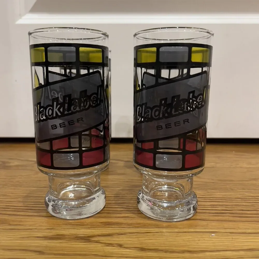 Anchor Hocking Stained Glass Beer Tumbler Black Label‎ Vintage Set Of 4